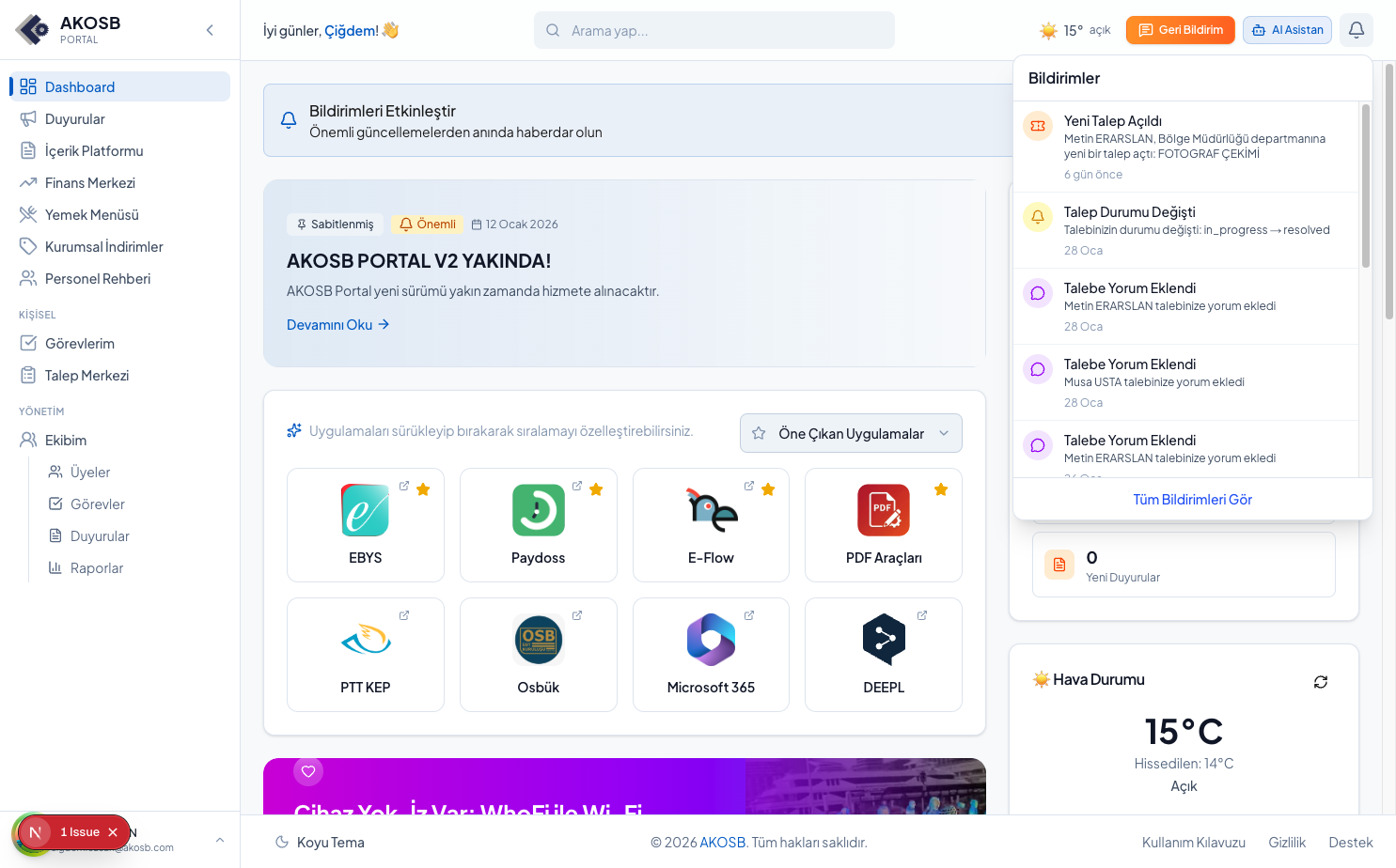 Bildirim popup görünümü