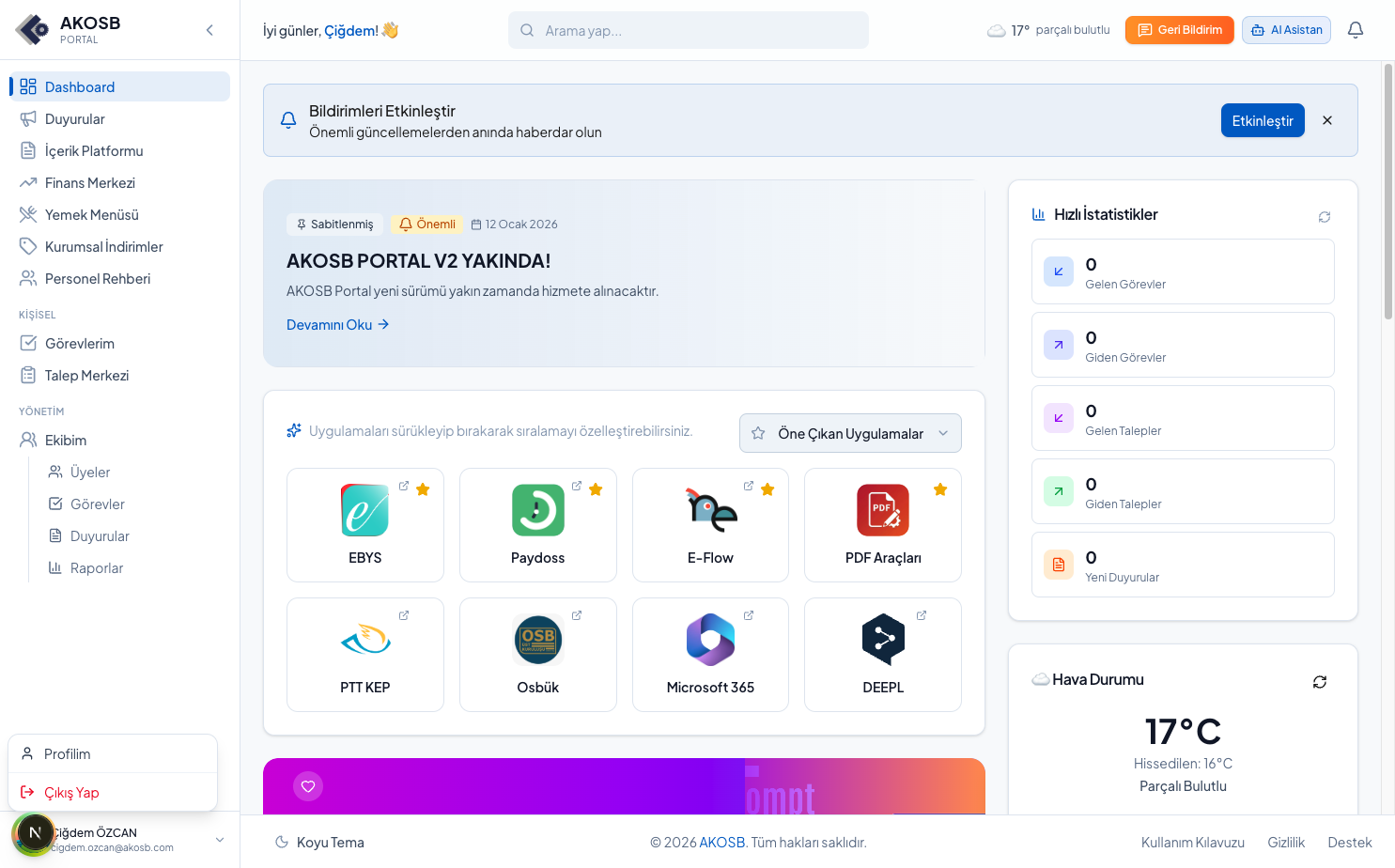 Profil menüsü açık hali